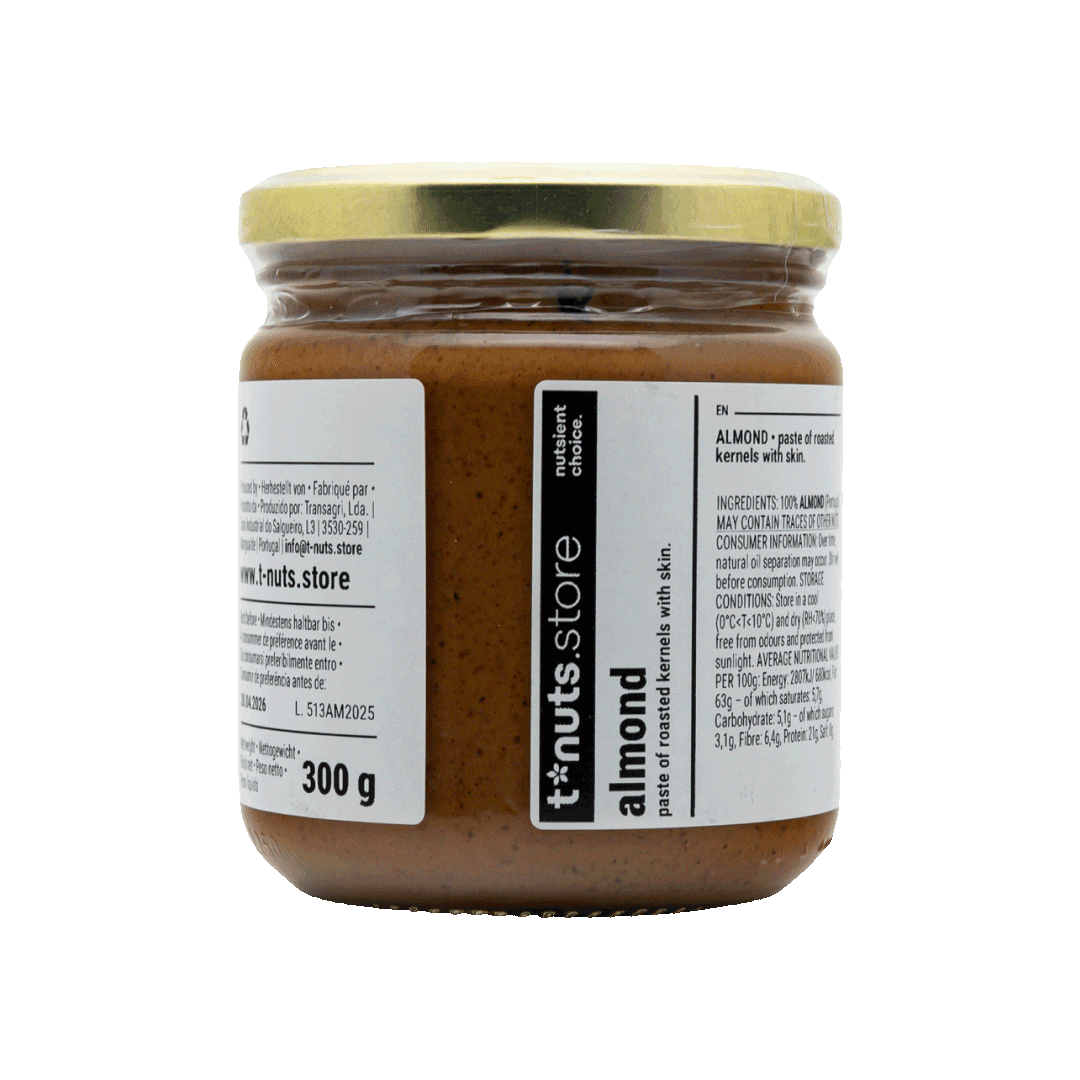 300g glass jar of almond paste with a label on a black background