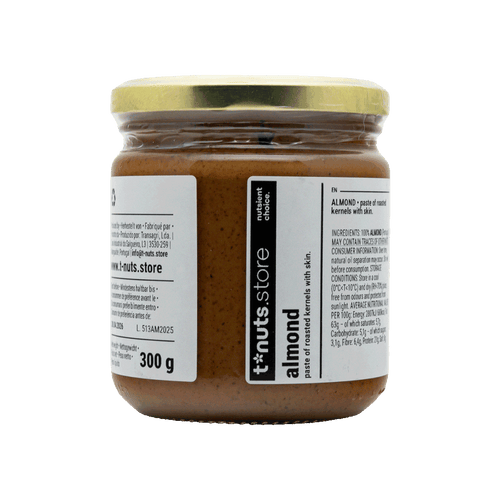 300g glass jar of almond paste with a label on a black background