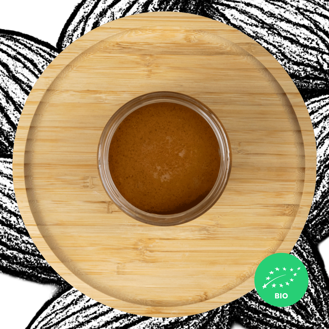 ALMOND • with skin. creamy paste of roasted kernels. no additives. organic.