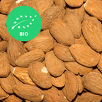 Almonds with a BIO label in the top left corner