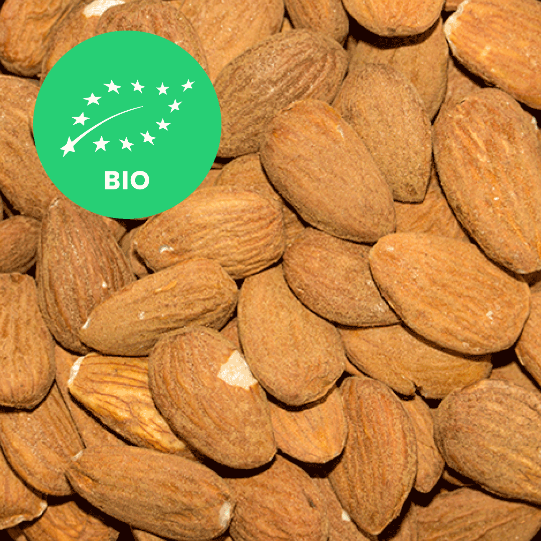 Almonds with a BIO label in the top left corner