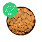 Almonds in a bowl with a Bio label on a black background