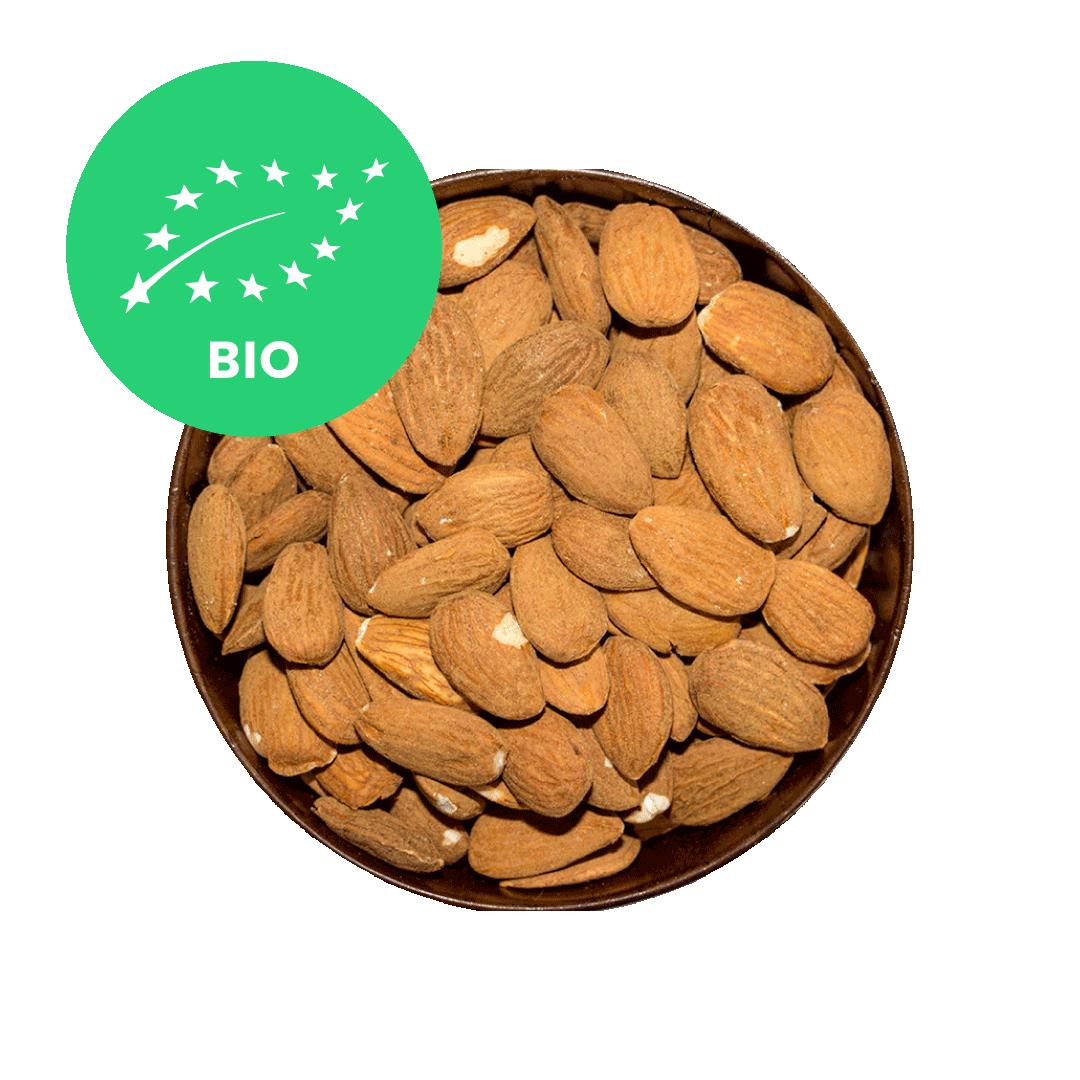 Almonds in a bowl with a Bio label on a black background