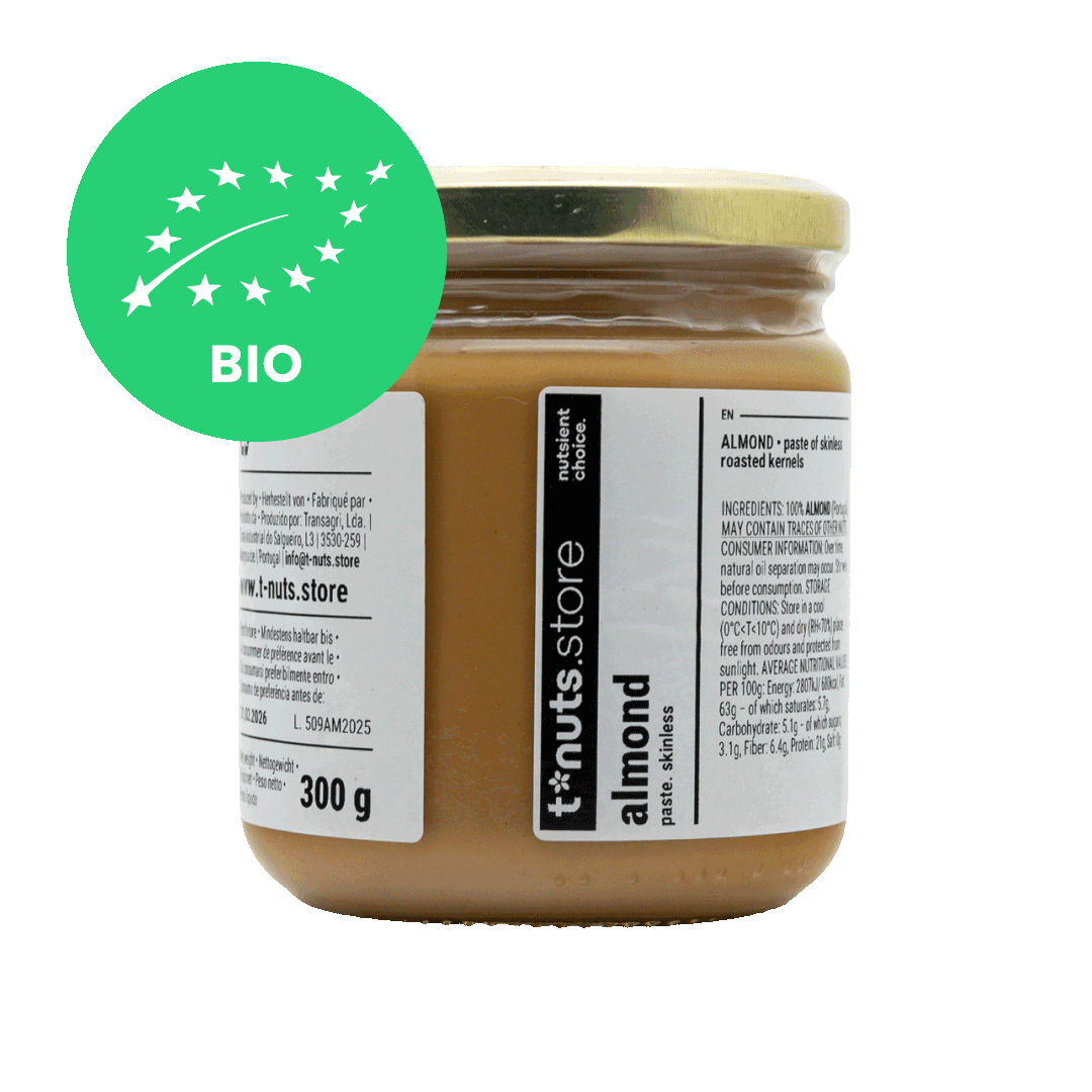300g glass jar of almond spread with a label on a black background - BIO