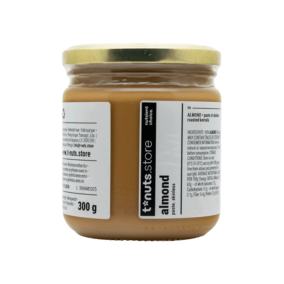300g glass jar of almond paste with a label on a black background