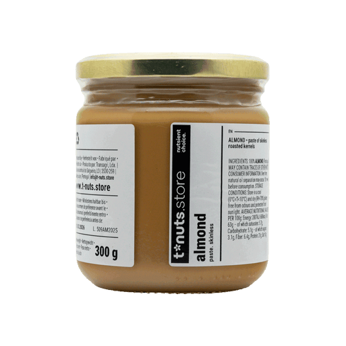 300g glass jar of almond paste with a label on a black background