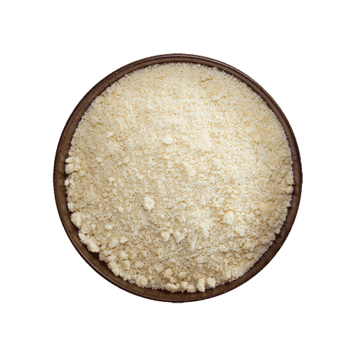 Wooden bowl filled with almond flower on a black background