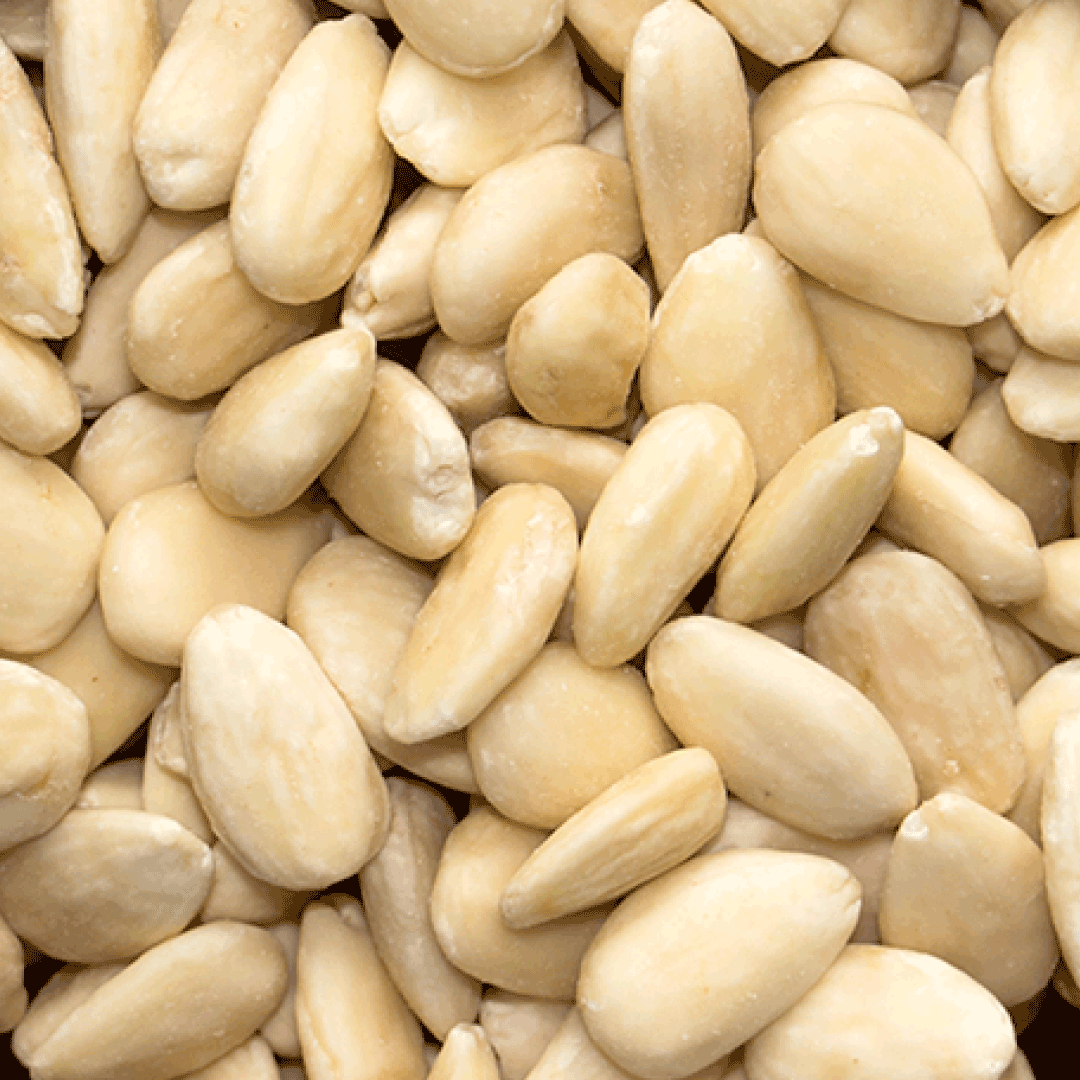 Close-up of raw skinless almonds nuts