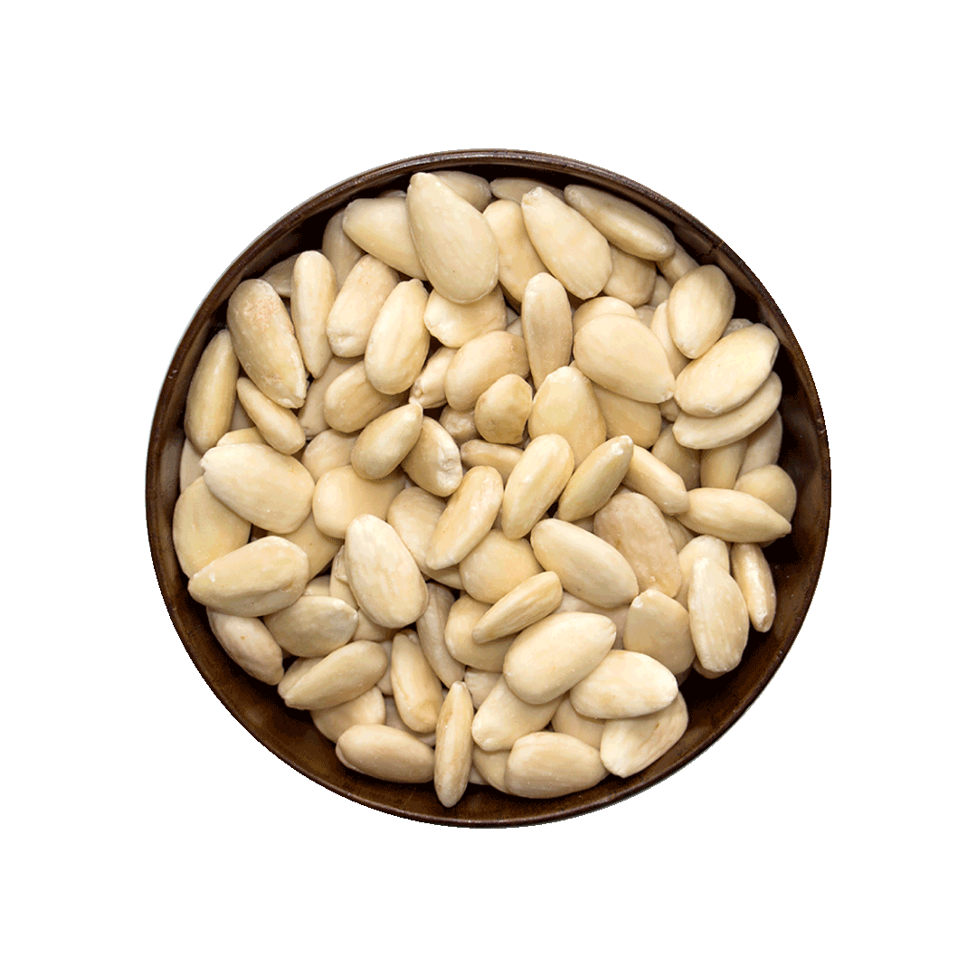 Bowl of raw skinless almonds on a black background