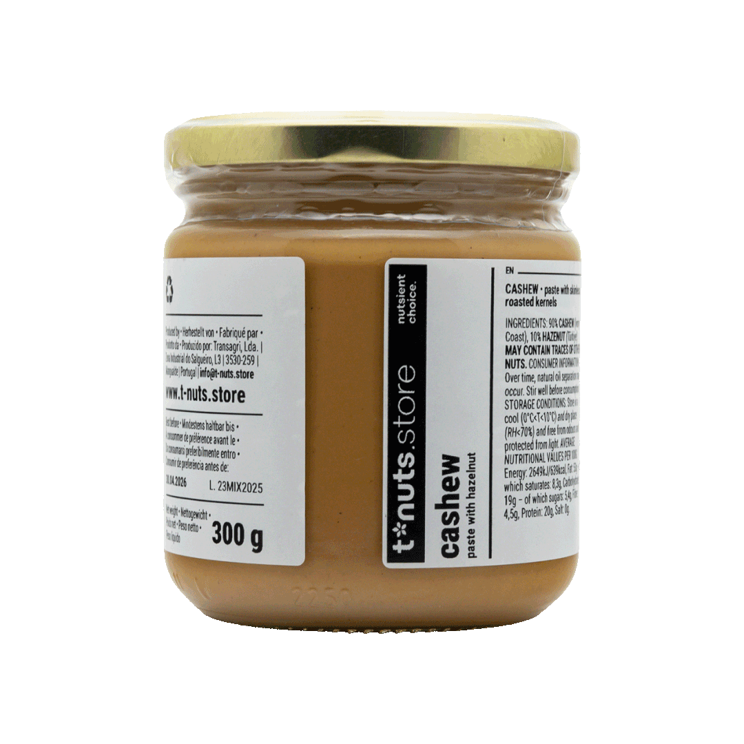 300g glass jar of cashew paste with a label on a black background