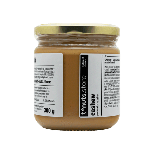300g glass jar of cashew paste with a label on a black background