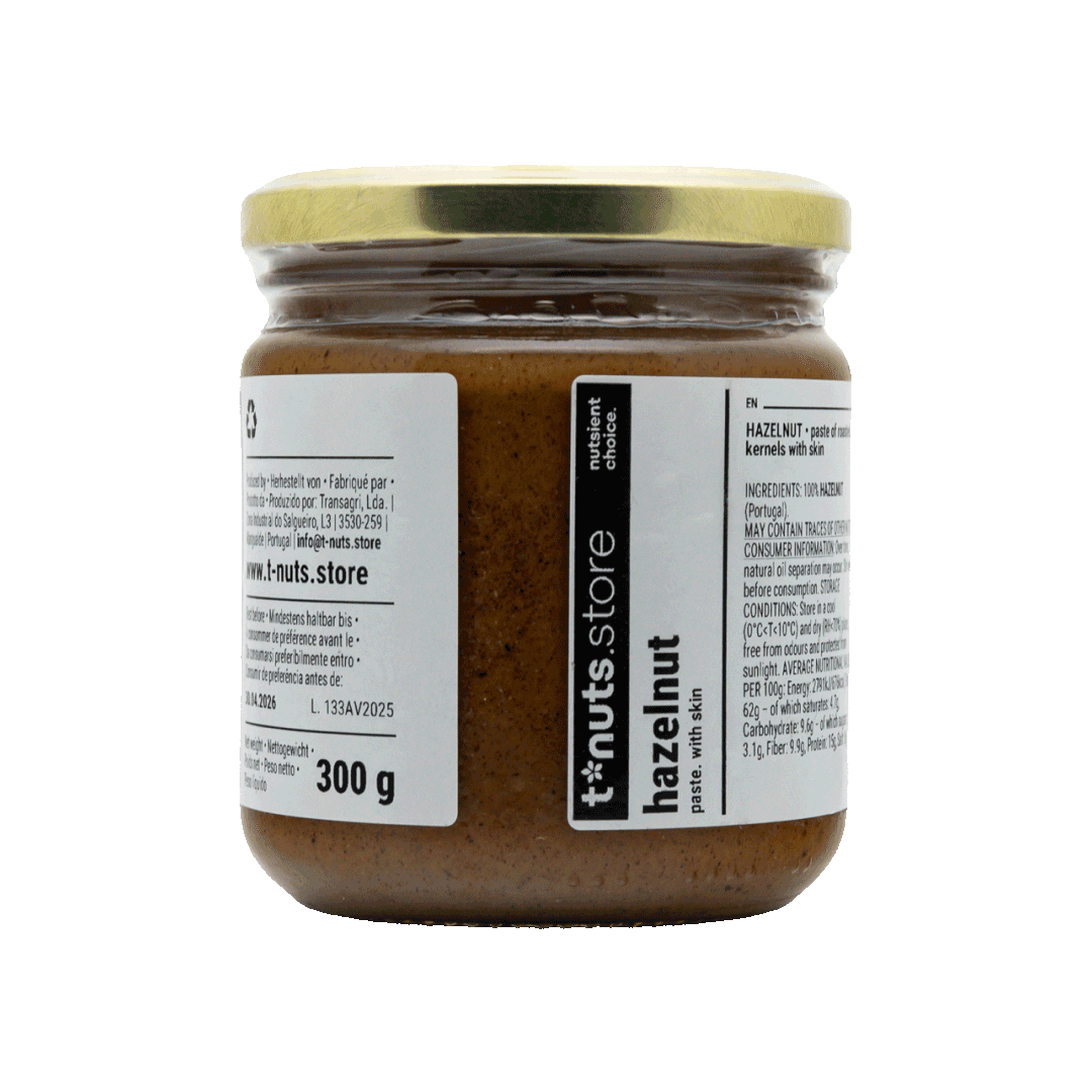 300g glass jar of hazelnut spread with a label on a black background
