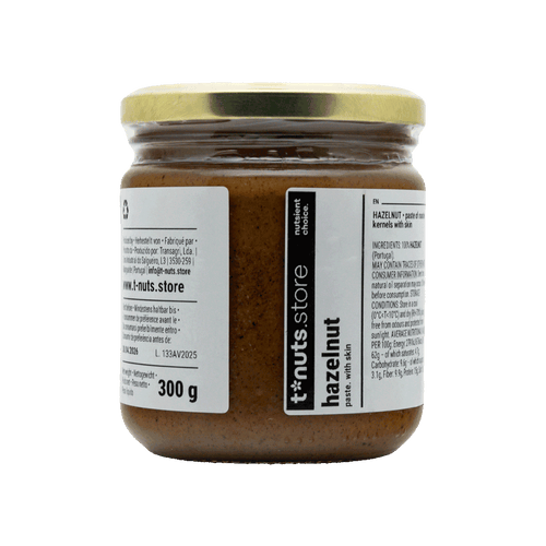 300g glass jar of hazelnut spread with a label on a black background