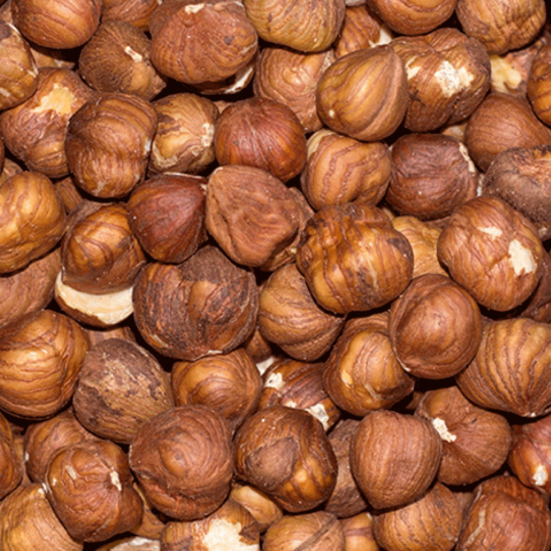 Close-up of hazelnuts with skin
