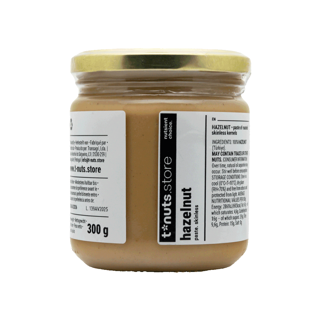 300g glass jar of hazelnut spread with a label on a black background