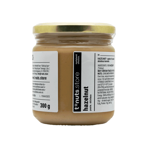 300g glass jar of hazelnut spread with a label on a black background