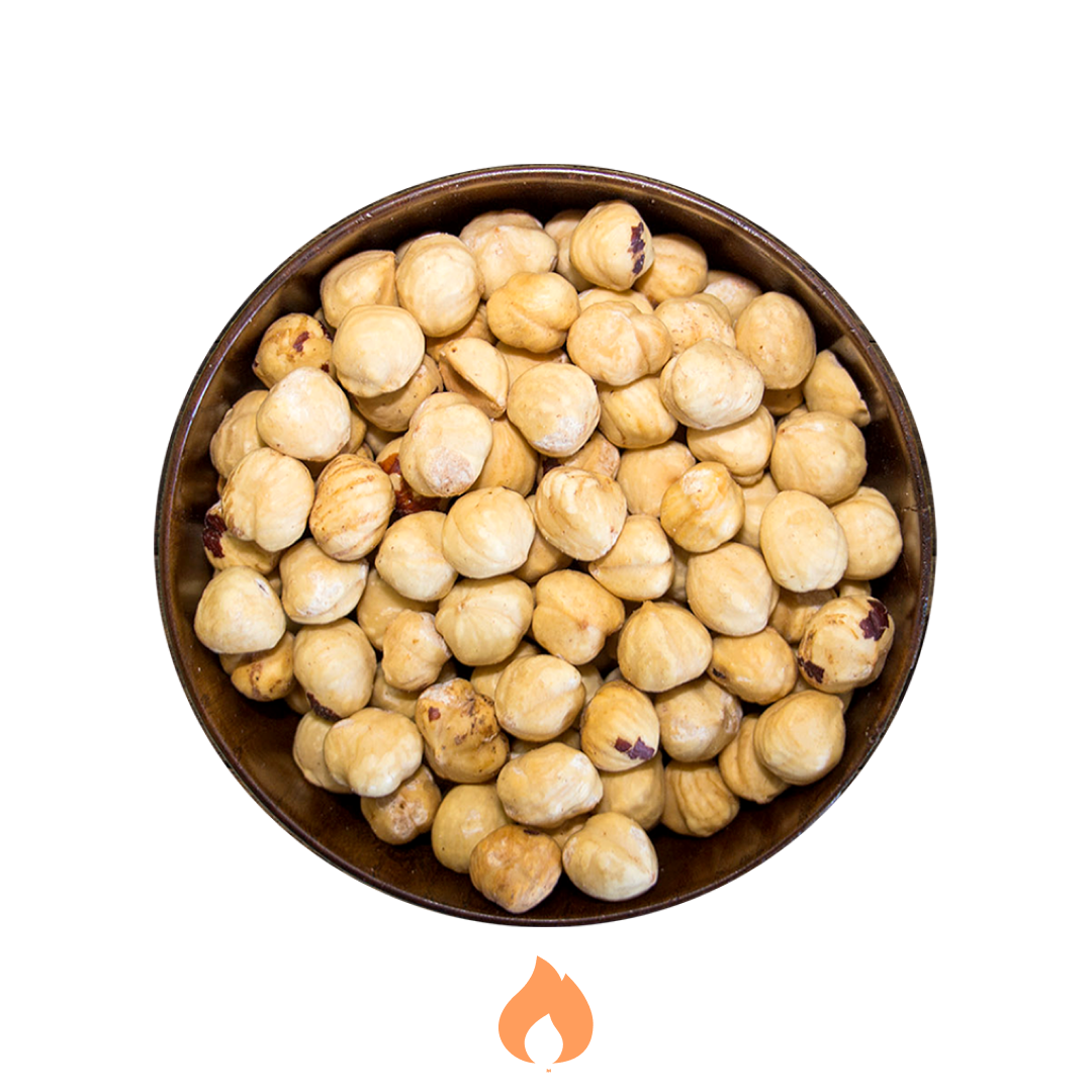 Bowl of roasted hazelnuts on a white background with a flame icon.