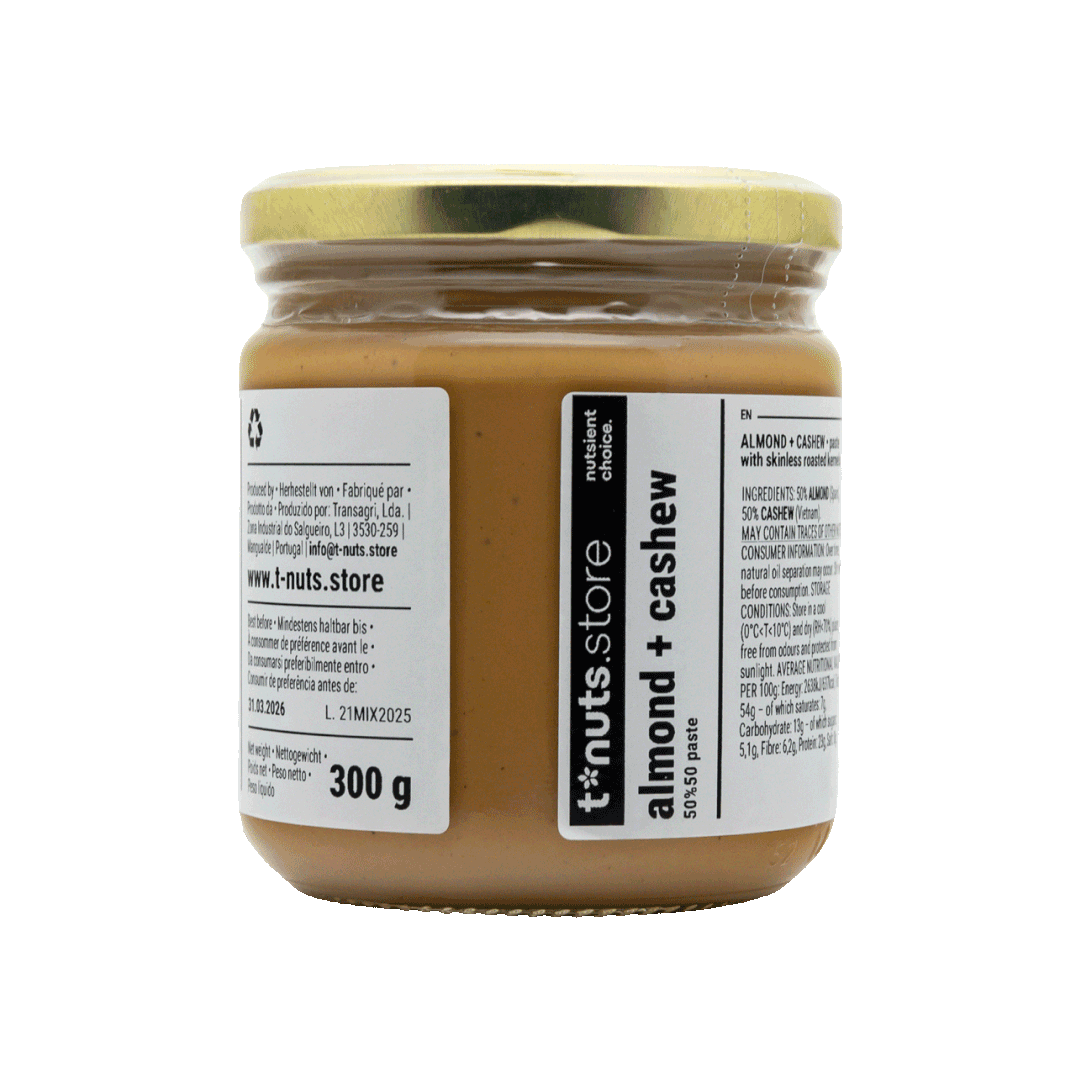 300g glass jar of almond and cashew butter with a visible label on a black background