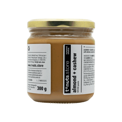 300g glass jar of almond and cashew butter with a visible label on a black background