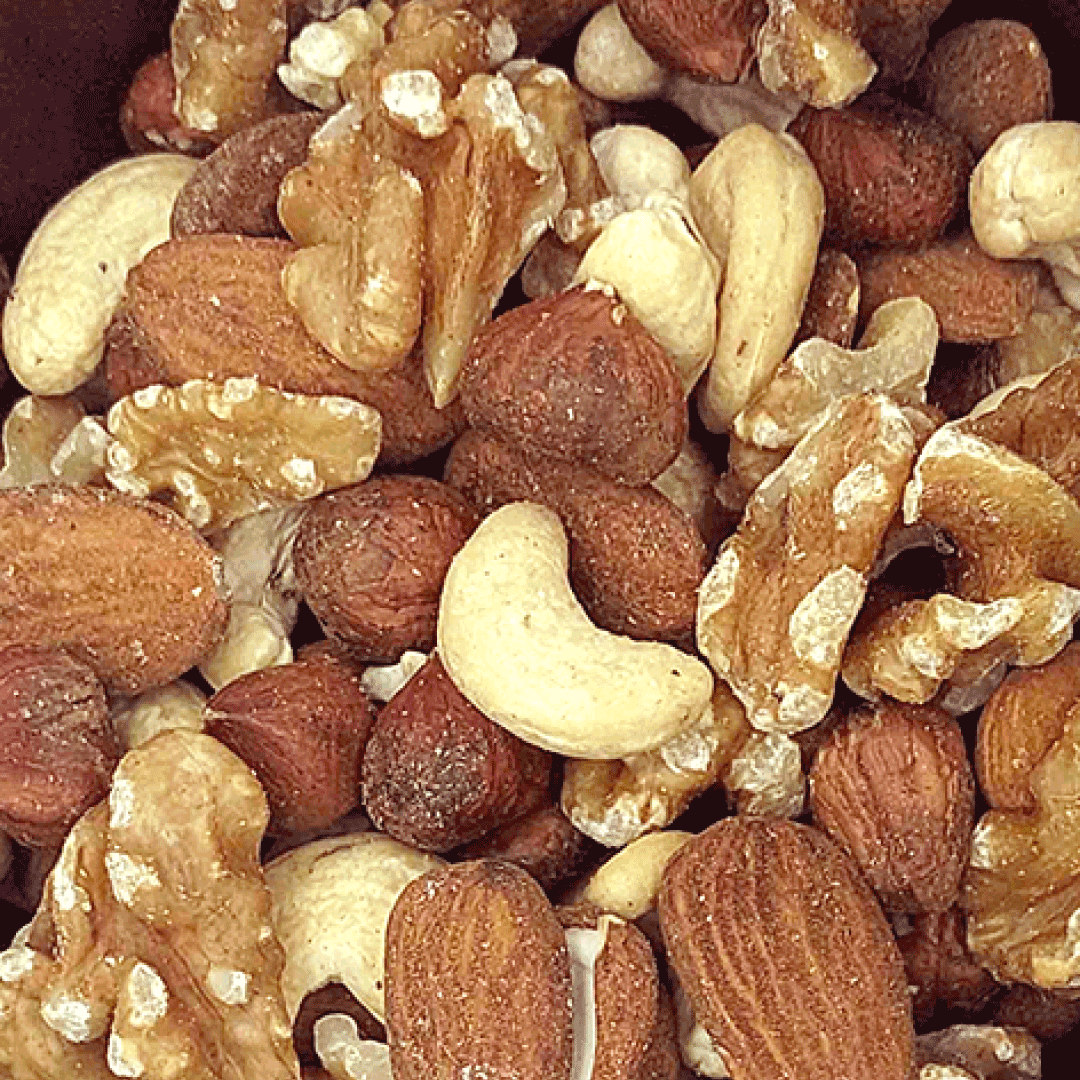 Assorted nuts including almonds, cashews, and walnuts.