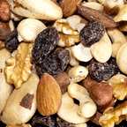 Close-up of a mixed nut blend including almonds, walnuts, brasil nuts, cashew and raisins.