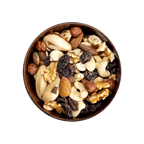 Assorted nuts and dried fruits in a wooden bowl on a black background